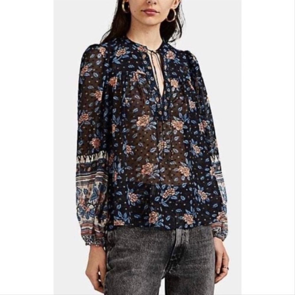 Ulla Johnson Noir Constance Silk Floral Blouse